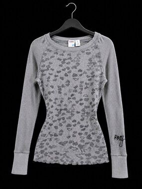Y2K VTG Roxy Womens Grey Graphic Striped Thermal Top M Scene Emo Grunge Mcbling